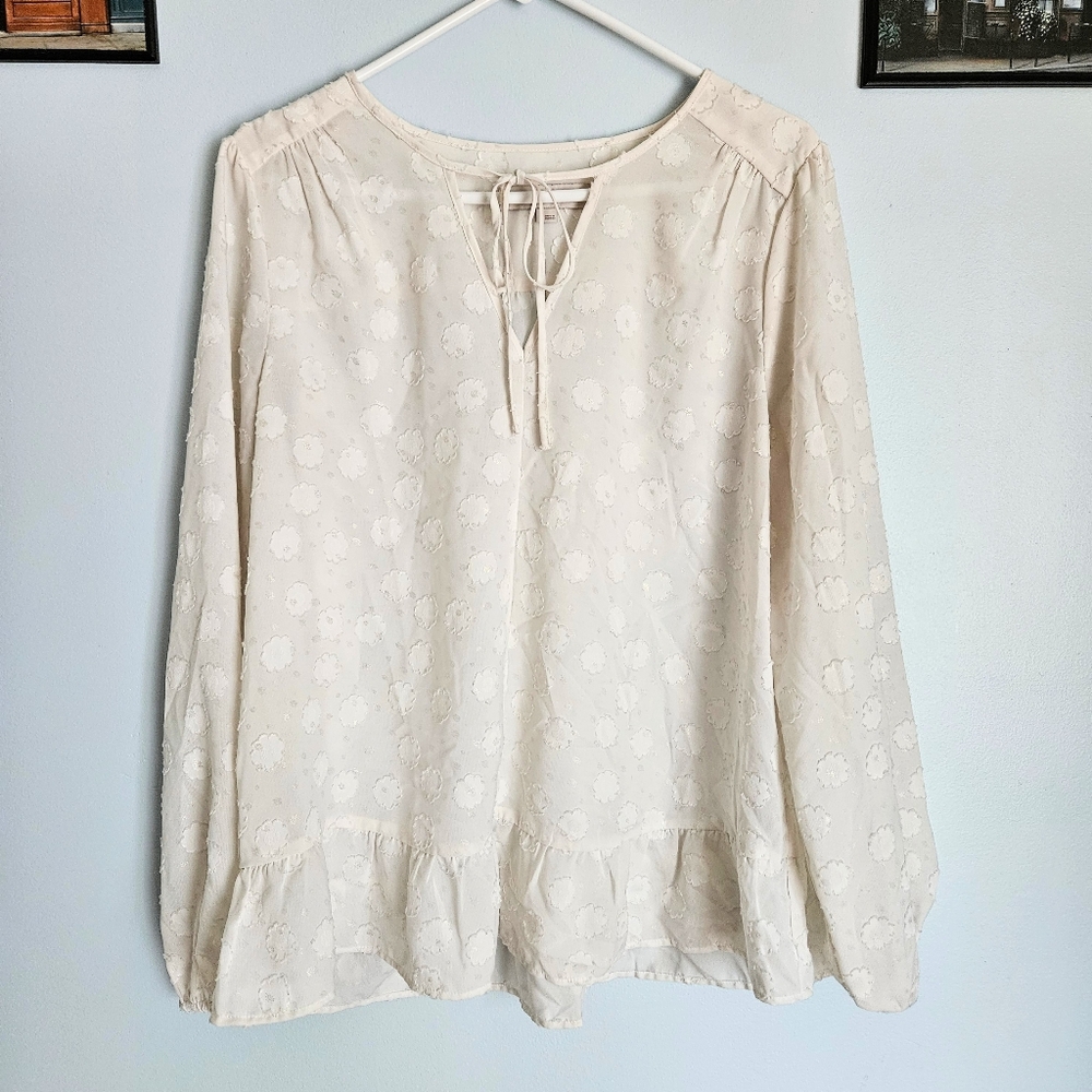 LOFT Cream & Metallic Gold Floral Longsleeve V-neck String Tie Semi-sheer Blouse